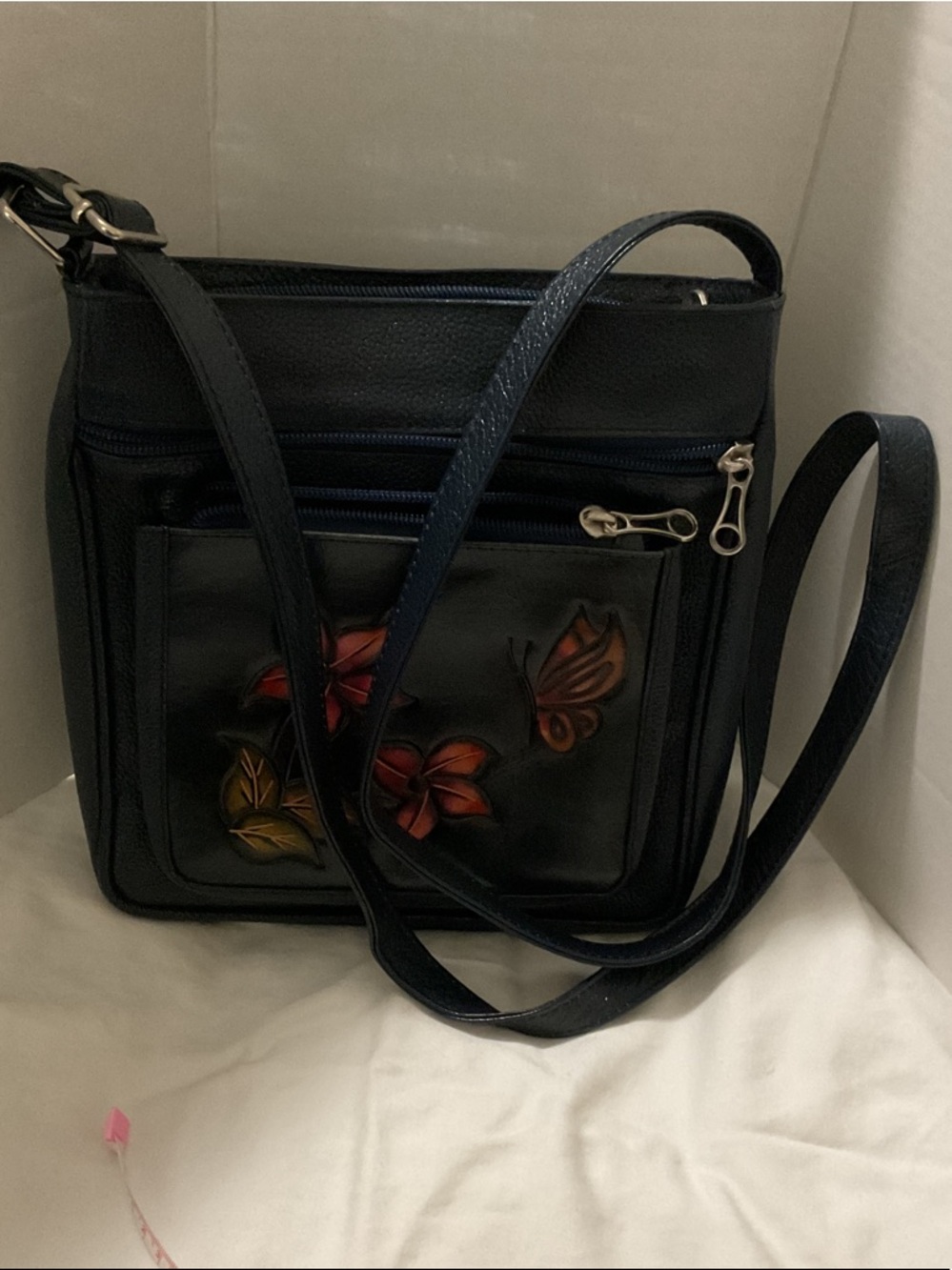 Dark blue Floral hand painted cRoss body Bag - Women's . ( free wallet) - Picture 8 of 12